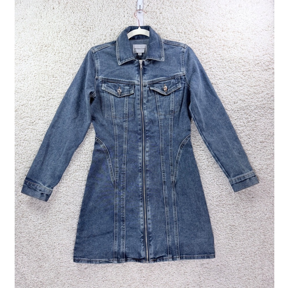 Womens Size S Madden Girl Denim Dress Blue Cotton Zip Front Mini Y2K Long Sleeve